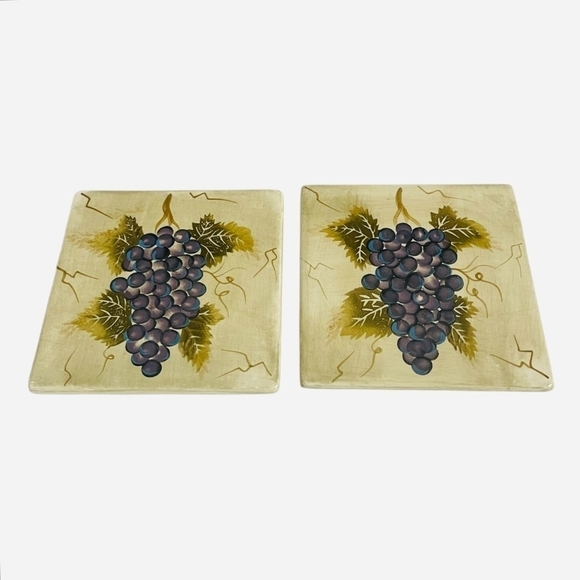 Pair of Tea Tiles Cabernet Tabletops Unlimited Hand Painted Ceramic Trivet Set - Picture 2 of 5